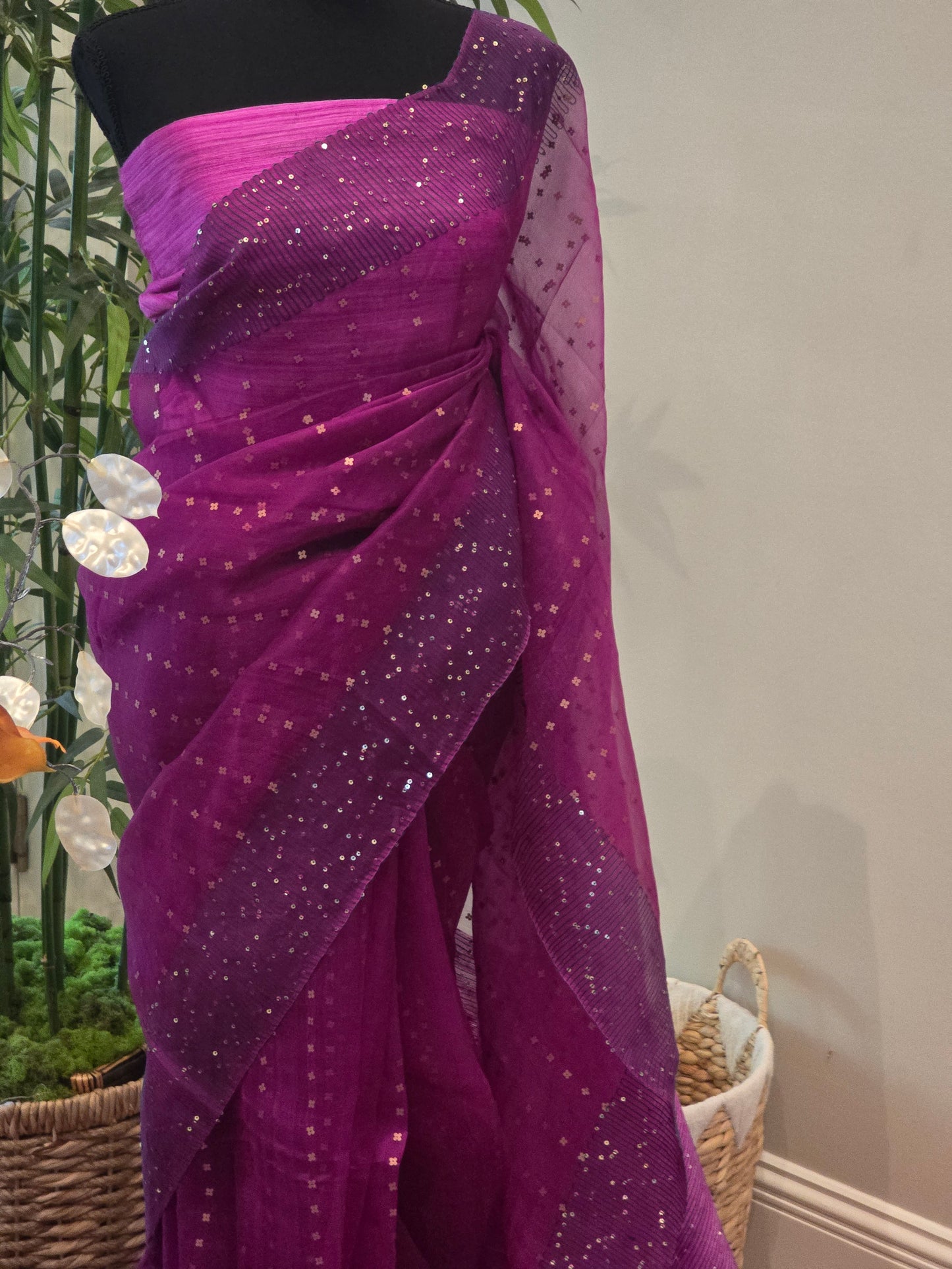 Pure muslin silk saree with sequins-stitched blouse