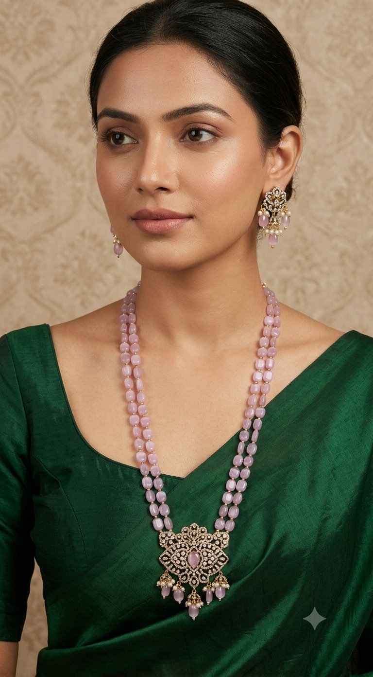 Double layer beads ( dusty peach) chain with earrings