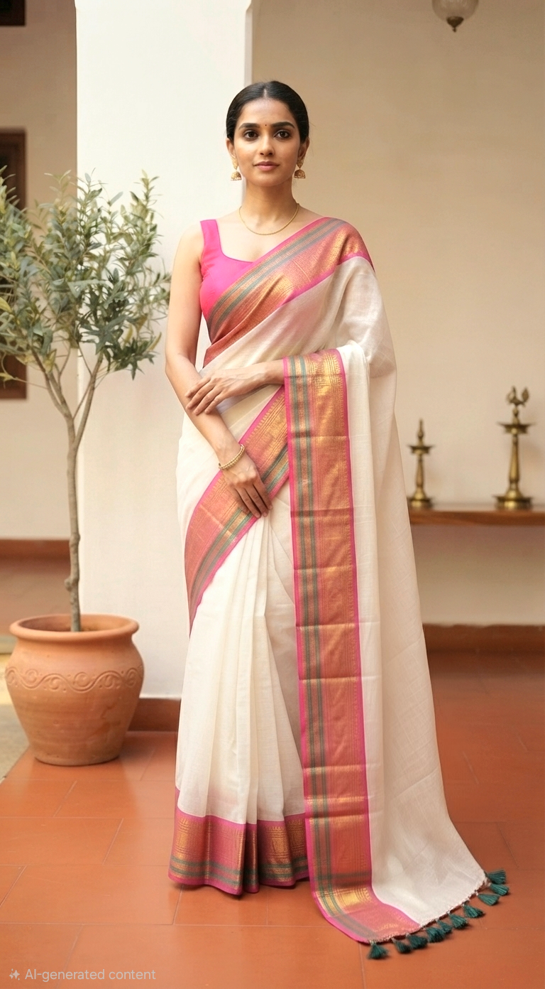 Mul cotton saree with  kanchee border( fall and pico ready)- BP
