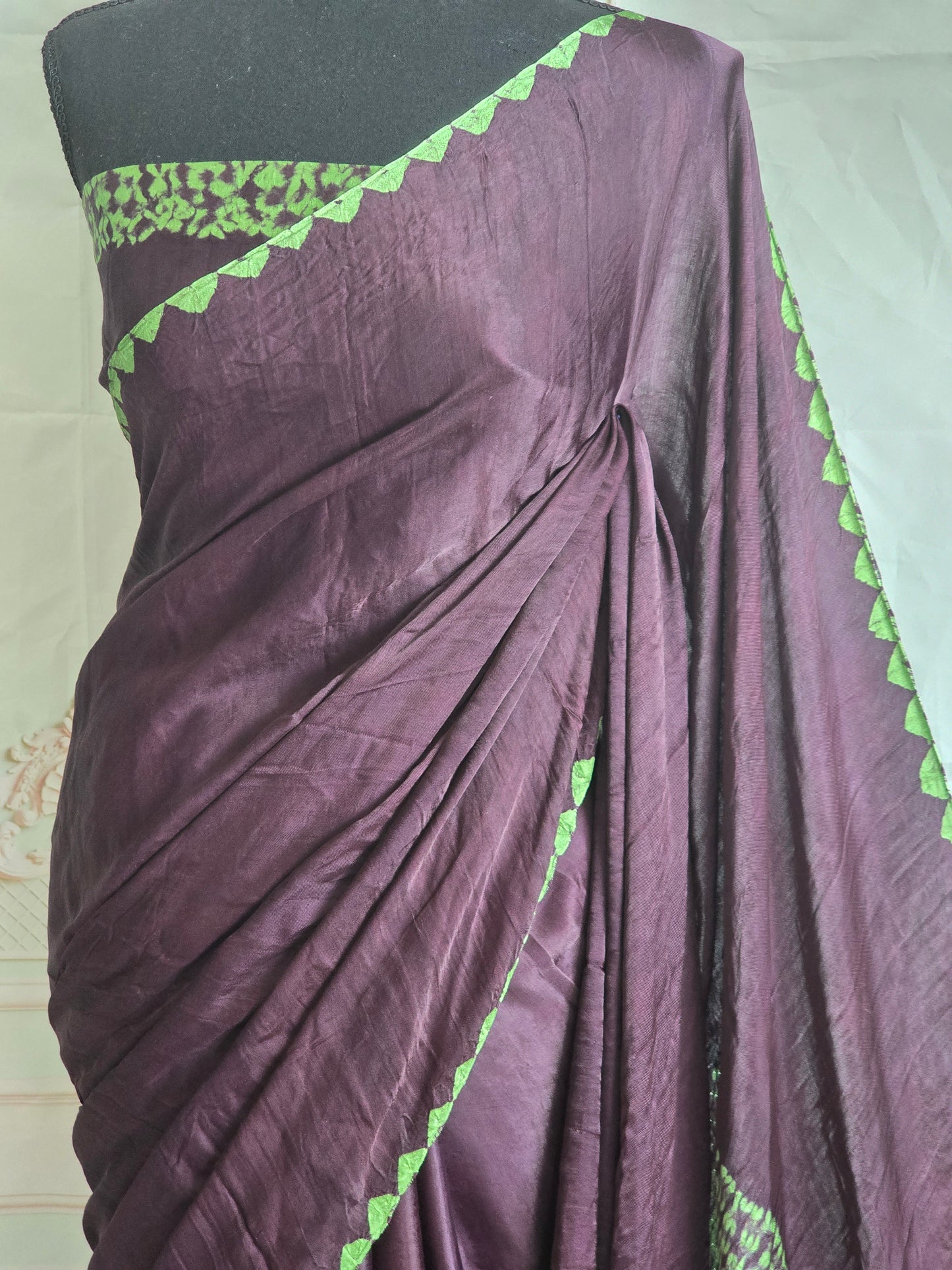 Modal silk saree( brown) with border print- stitched blouse