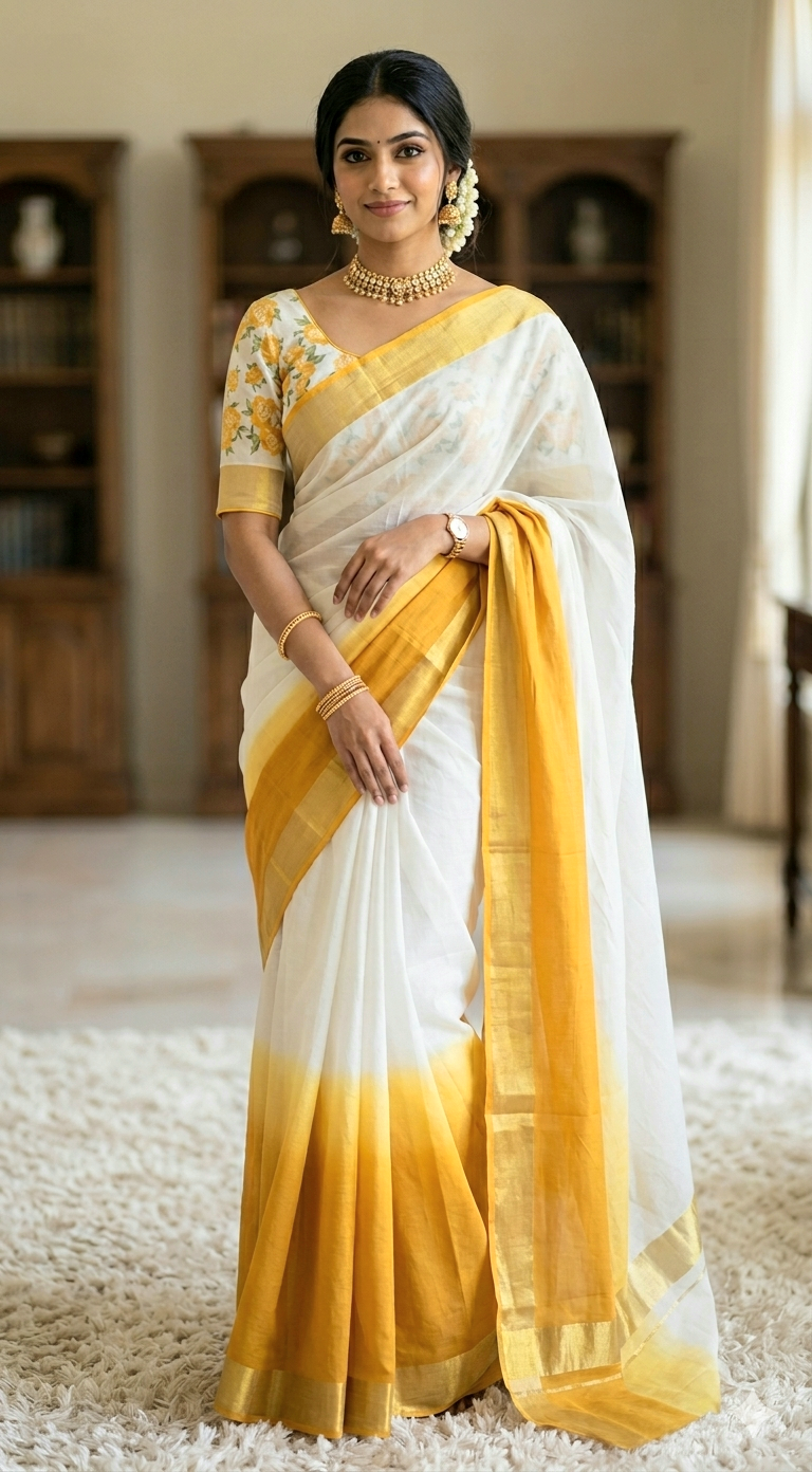 Premium cotton kerala saree duel tone- stitched printed blouse