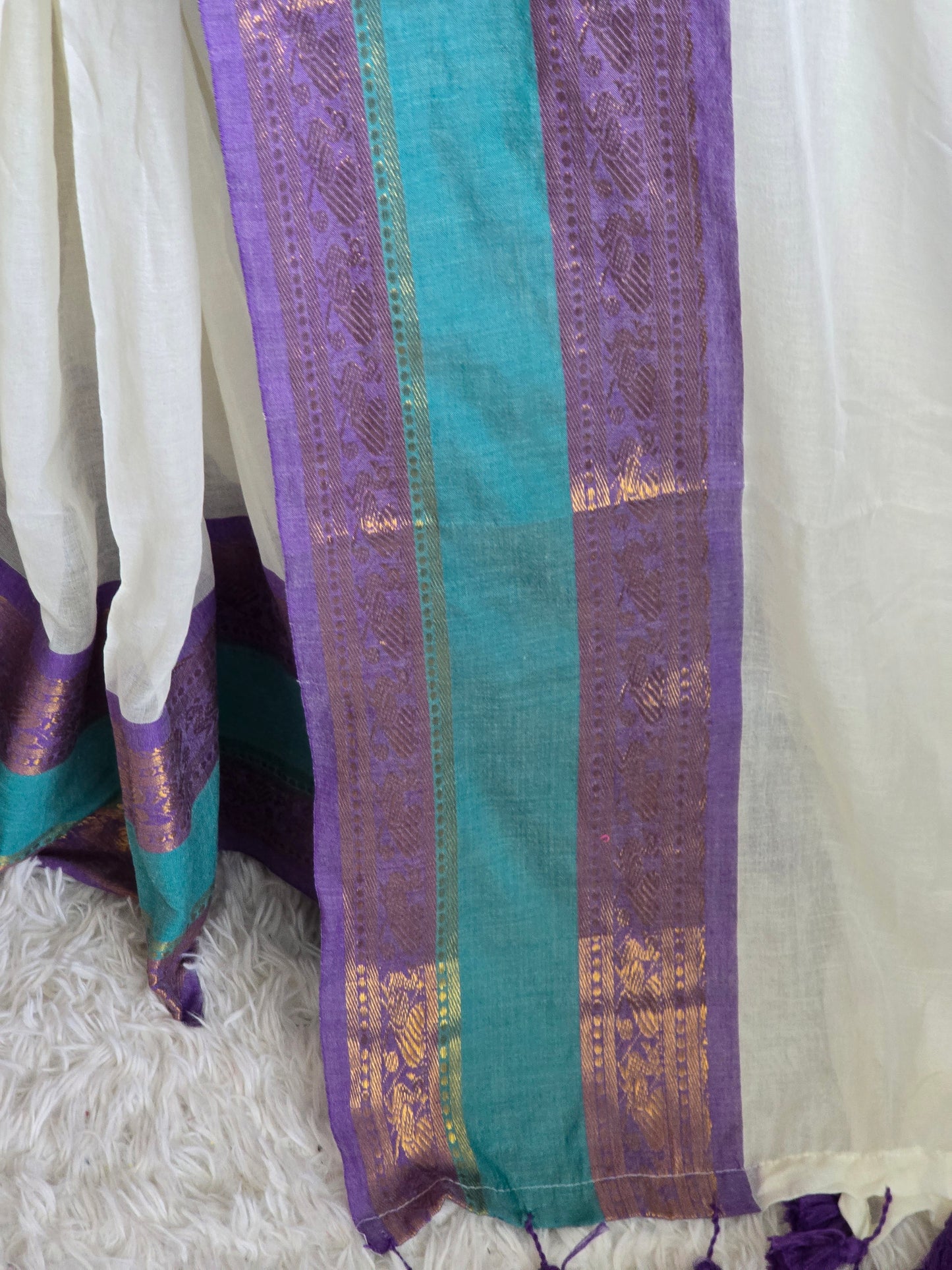 Mul cotton saree with blue and lavender kanchee border (fall and pico done)NO Blouse piece