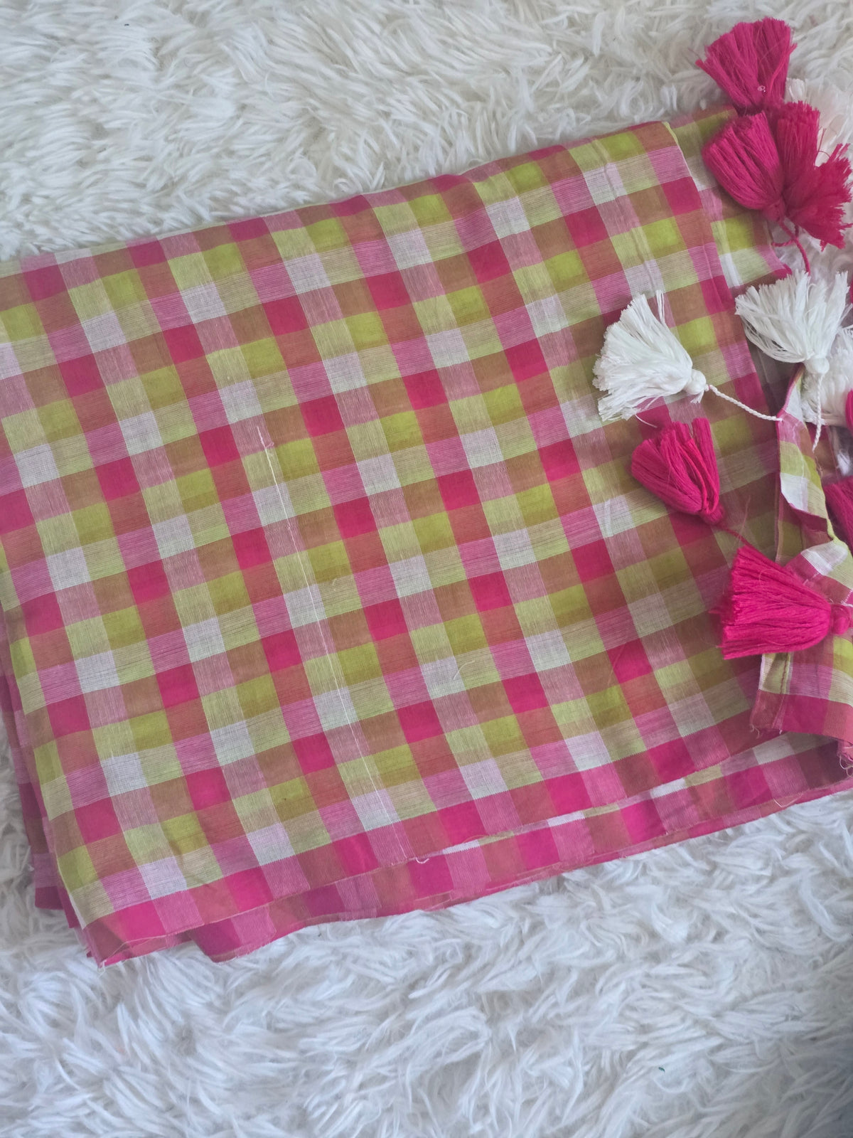 Mul cotton saree with check design- fall and pico ready- No BP