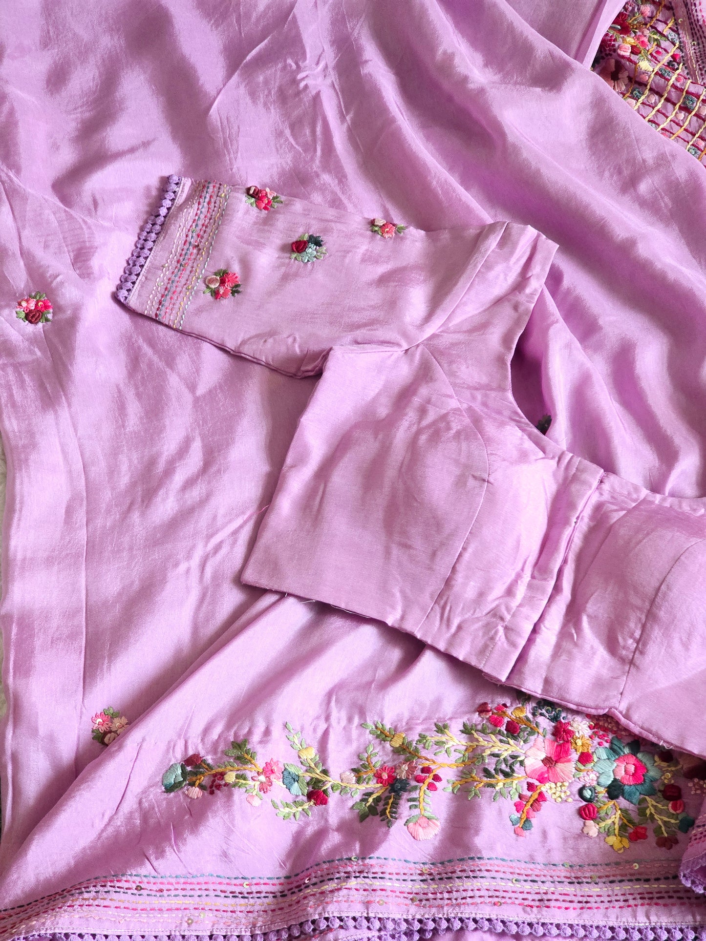 Russian silk (lavender)saree with french knot heavy work-stitched blouse
