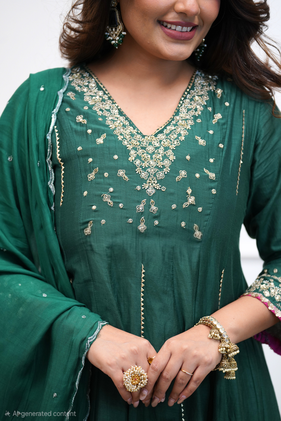 Mul chanderi designer 3 pc salwar suit set- emerald green