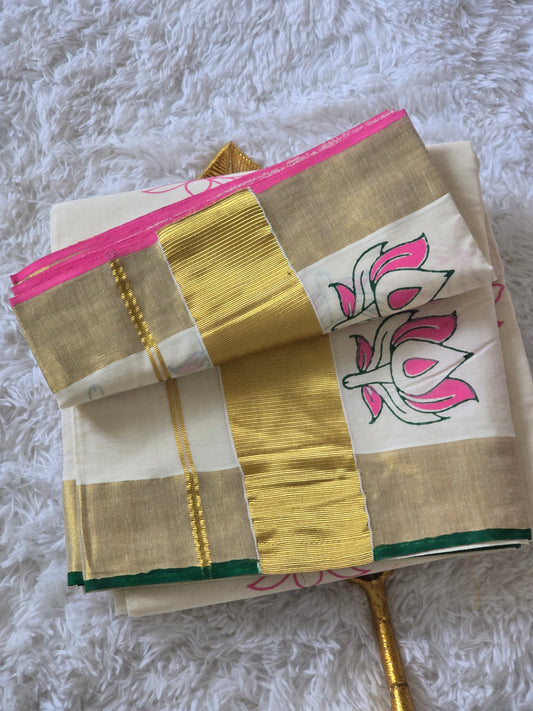 Premium cotton set saree with lotus design