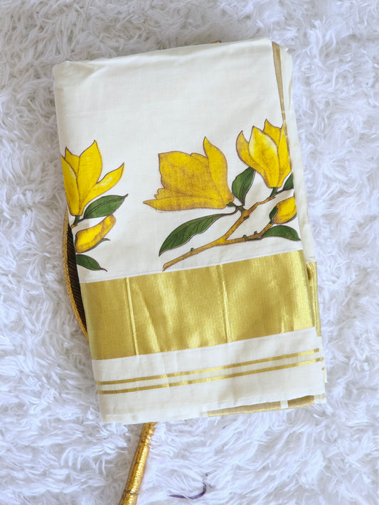Cotton tissue set saree with chembaka floral design