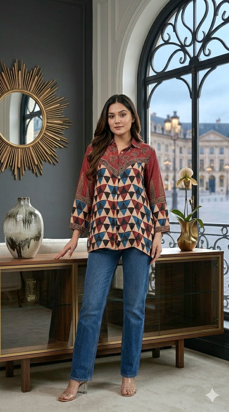 Pure crepe silk shirt with ajrakh print