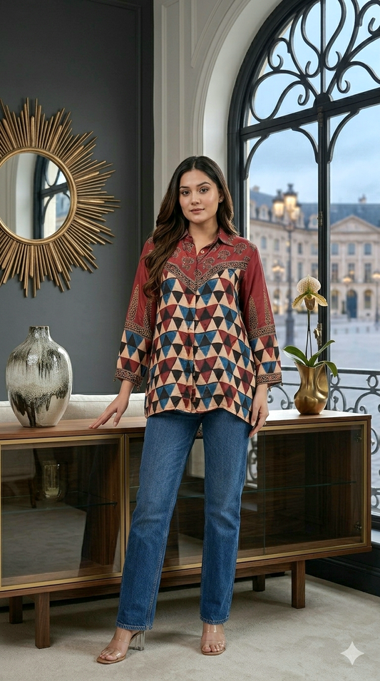 Pure crepe silk shirt with ajrakh print