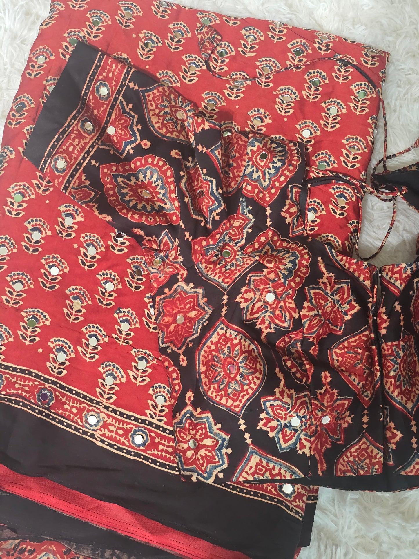 Modal silk saree with mirror work(glued)- stitched blouse