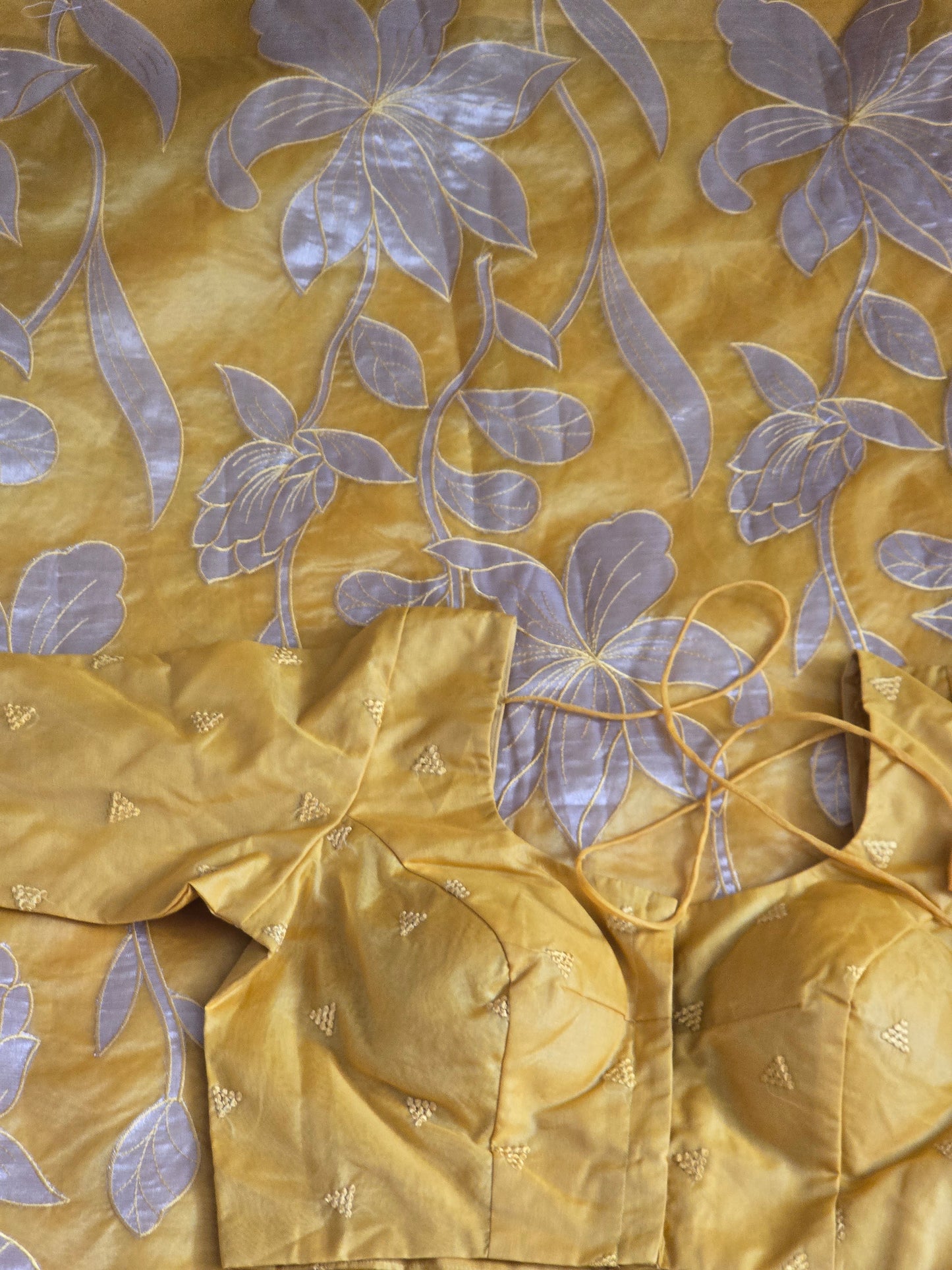 Turquish organza saree (Yellow) with applique work- stitched blouse
