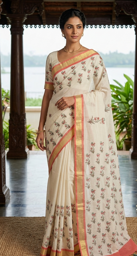 Premium cotton kerala saree with floral block print design-stitched blouse