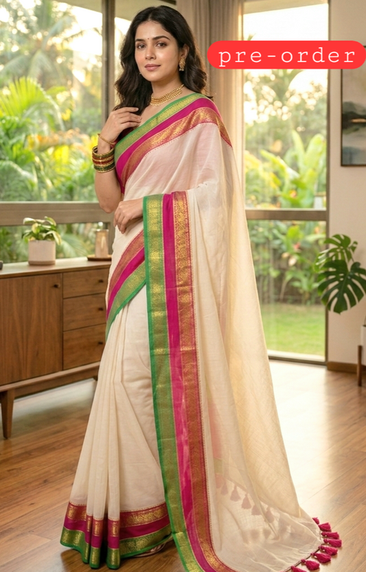 Mul cotton saree with green pink kanchee border- No BP