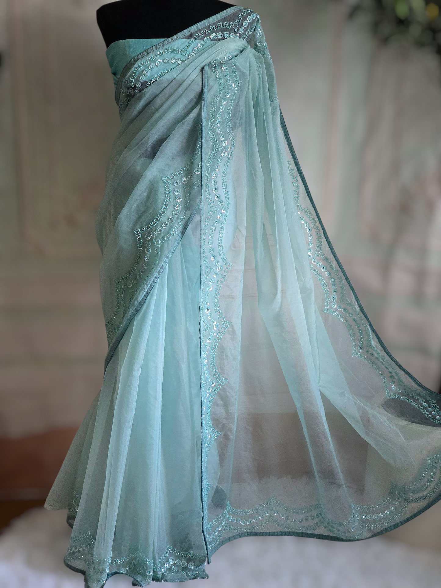 Soft organza (powder blue) saree with beads/stone work