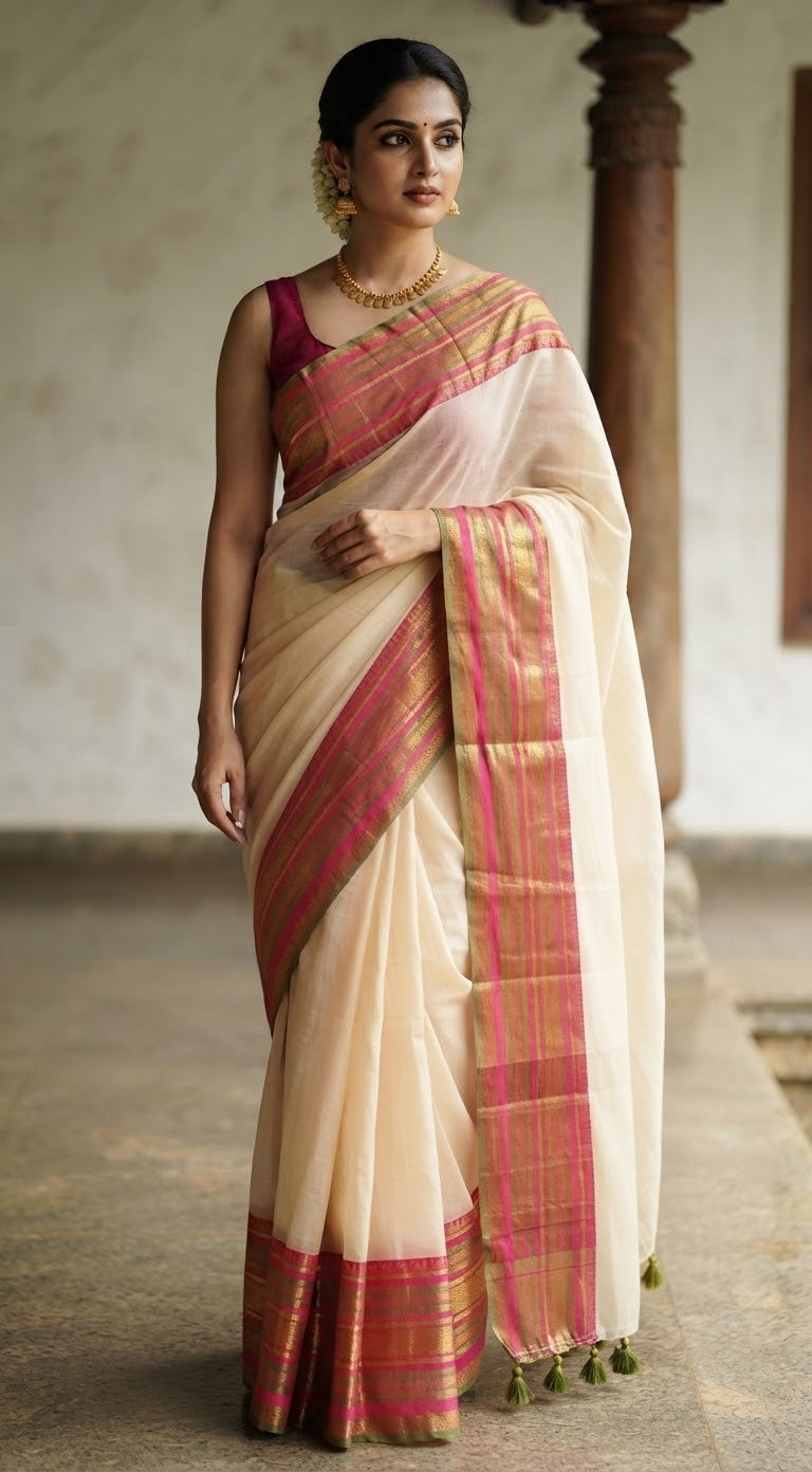 Sandal color mul cotton saree with kanchee border(fall and pico ready)
