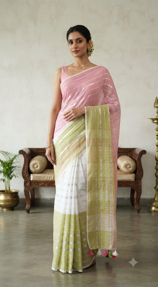Mul cotton saree with stripes( fall and pico ready)- BP