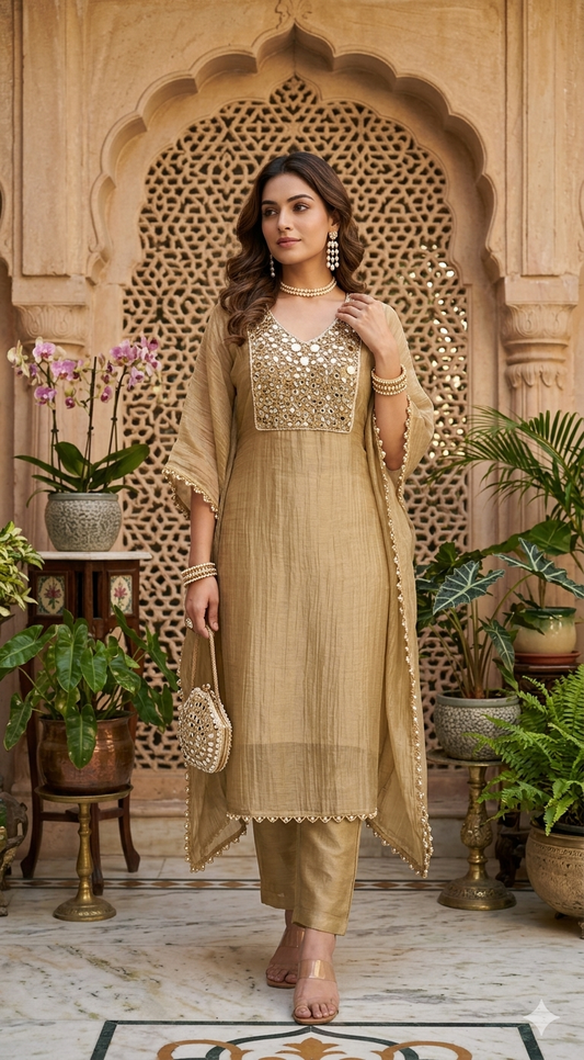 Party wear Tissue silk kaftan set(2 pc)( light gold)