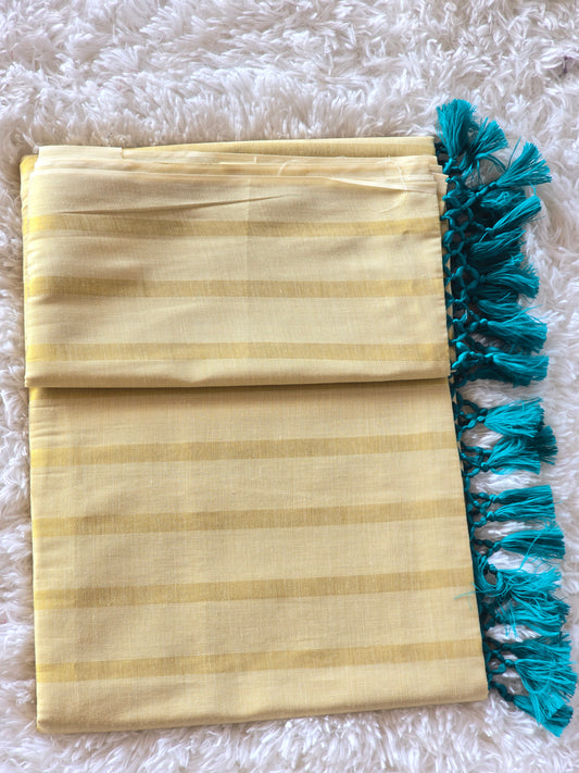 Tissue set saree with gold stripes- blue tassles