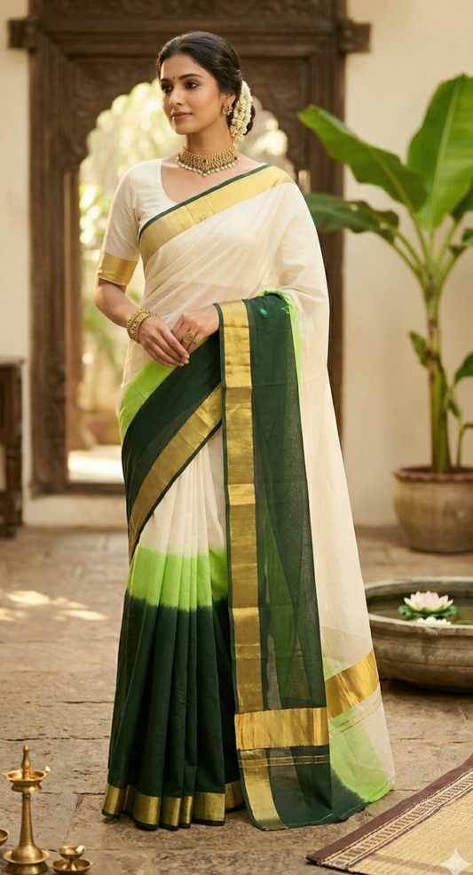 Premium cotton kerala saree duel tone- stitched designer blouse