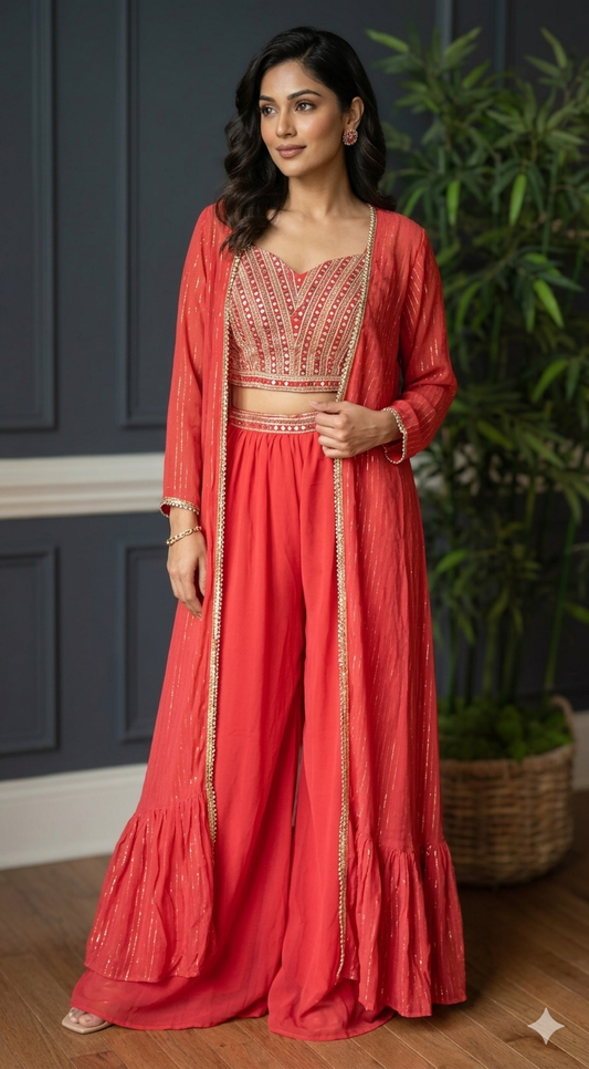 Flayered palazo 3 pc party wear set( Dark peach)