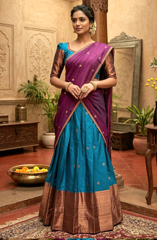 Make this same dhavani set design to a model with elegant different background