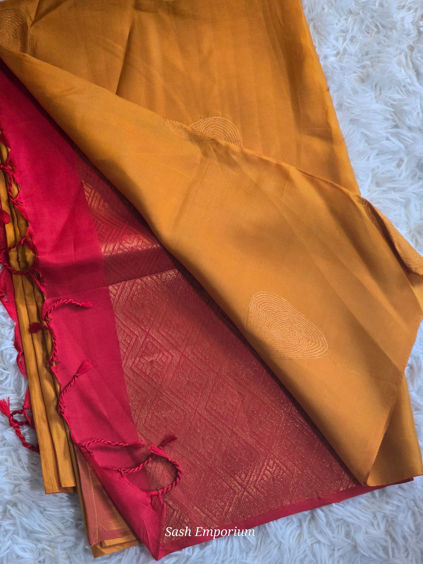 Mustard yellow and red semi soft silk saree with Bp