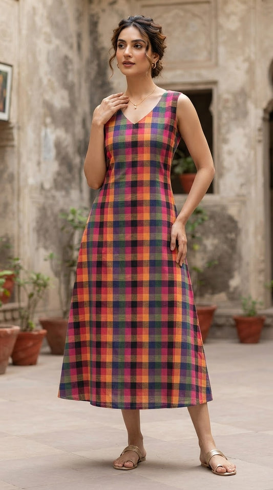 Madras check A line frock style kurti-sleevless
