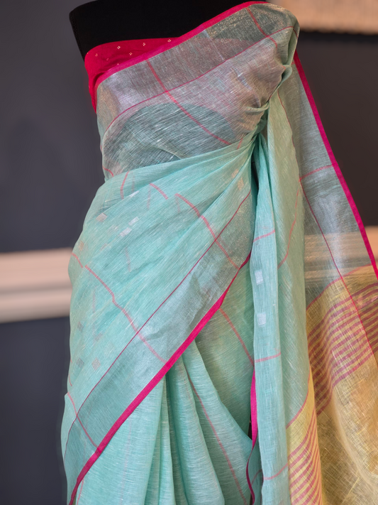 Pre book Onam saree- Linen by linen body check- Green- With blouse piece (delivery time 2 weeks)