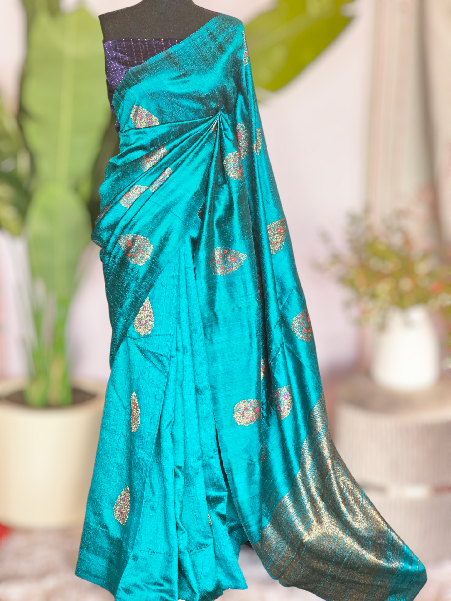 Pure tussar raw silk saree with stitched blouse