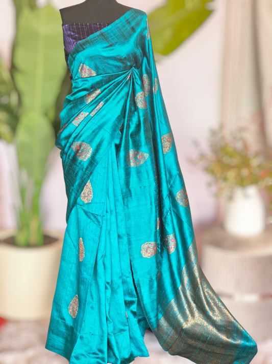 Pure tussar raw silk saree with stitched blouse