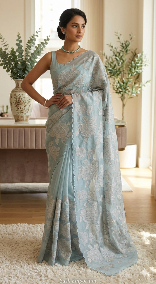 Turquish organza saree (powder blue) with applique work- stitched blouse