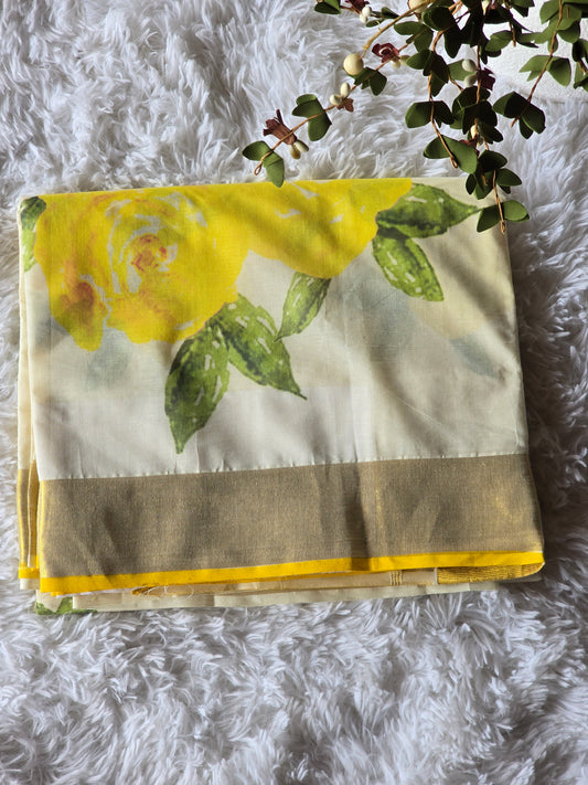 Kerala saree with floral design-stitched blouse