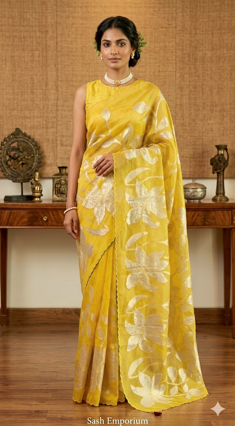 Turquish organza saree (Yellow) with applique work- stitched blouse