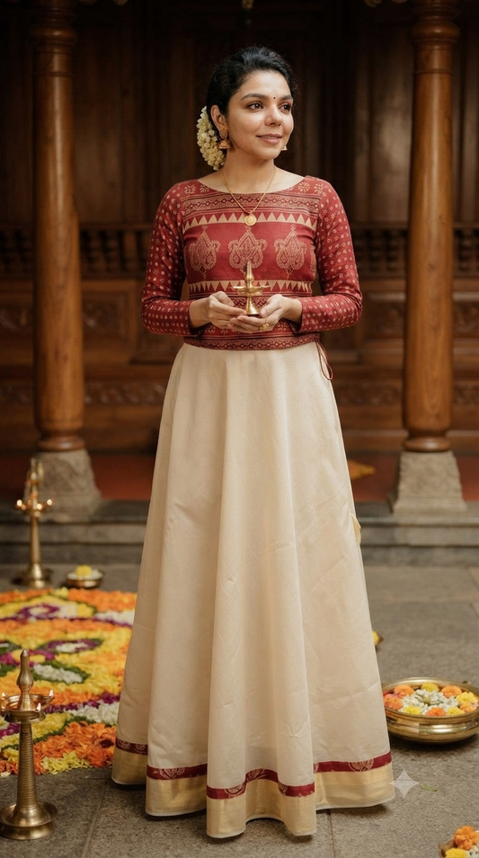 Premium tissue onam skirt and block printed top