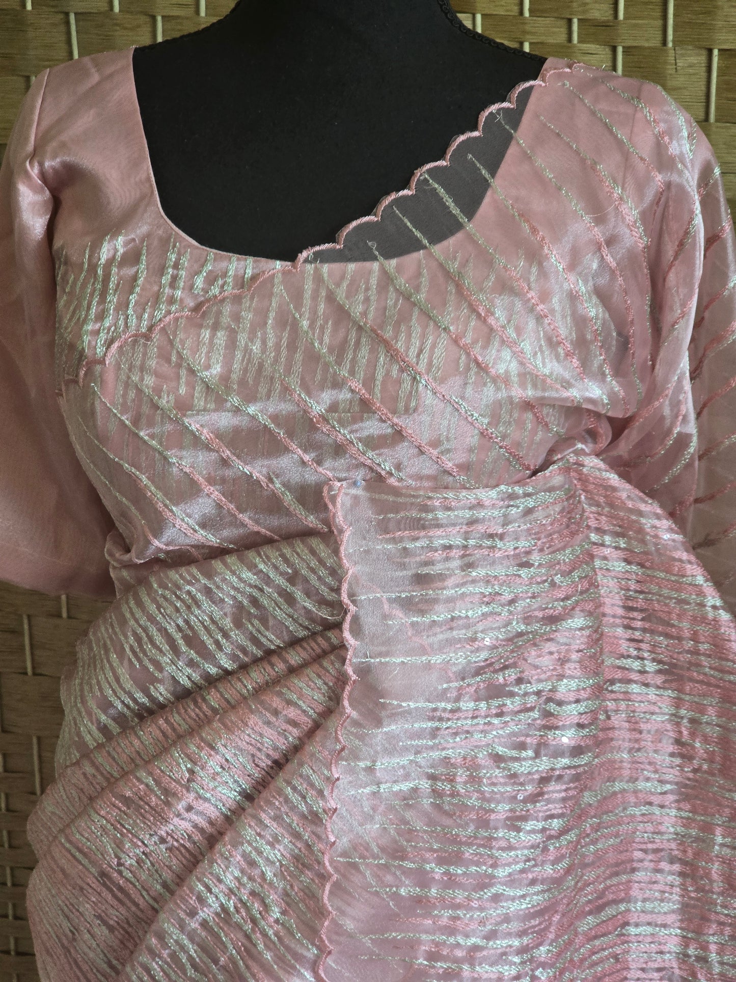 Pure organza designer saree with stitched blouse (rosegold peach tone)