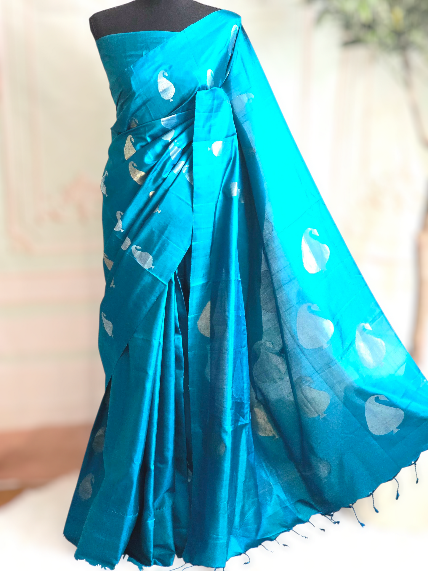 Soft silk kancheepuram with silver design- stitched sleevless blouse