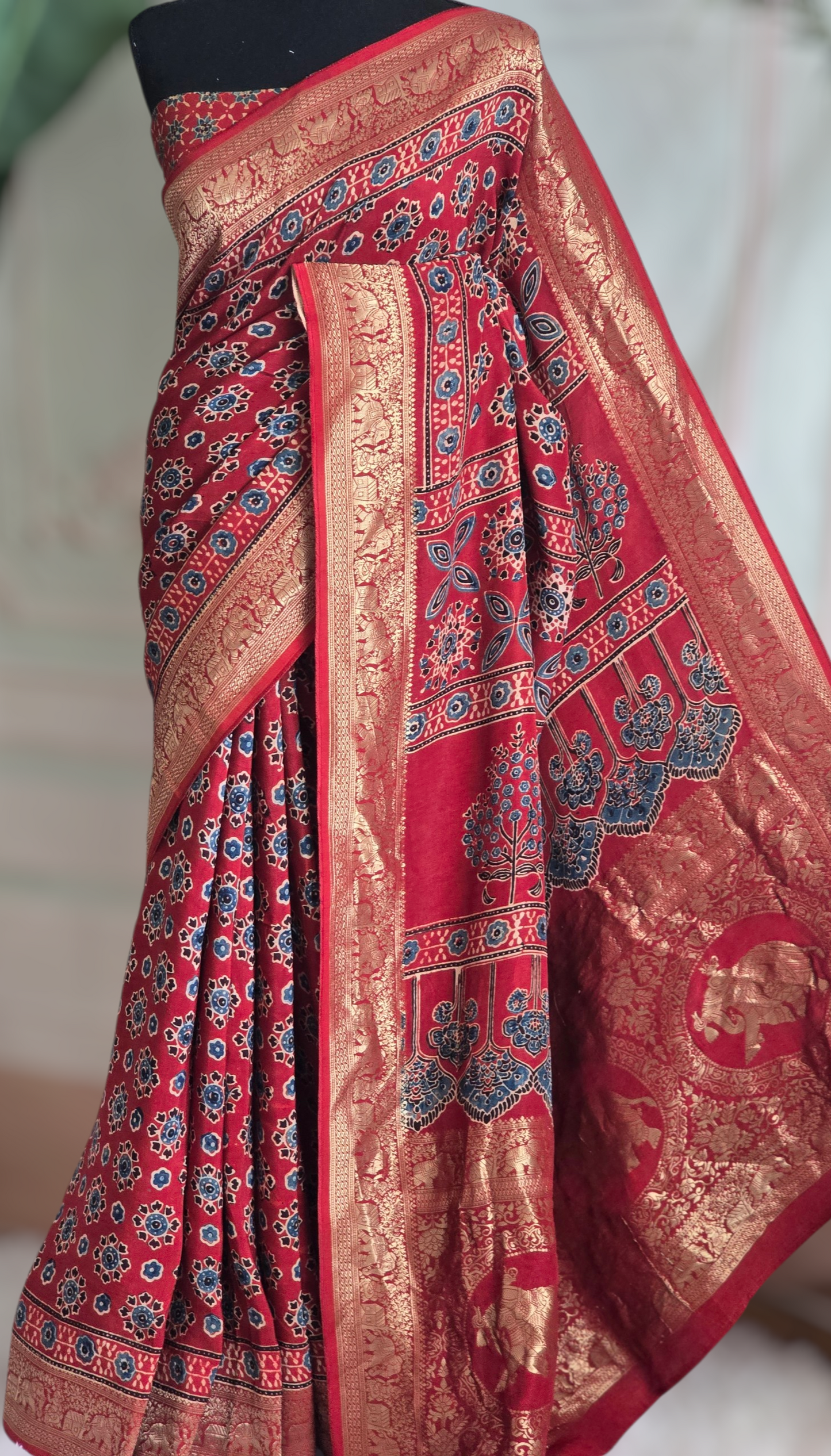 Dola silk saree with handblock print - stitched blouse