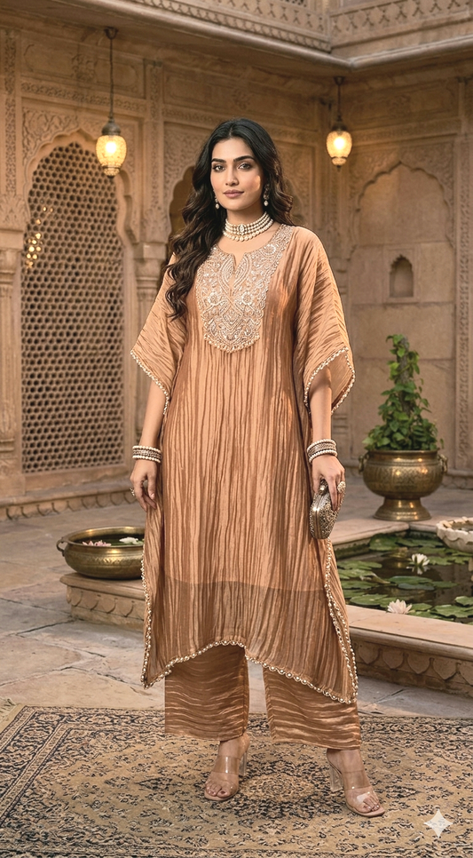 Party wear Tissue silk kaftan set(2 pc)( dark gold)