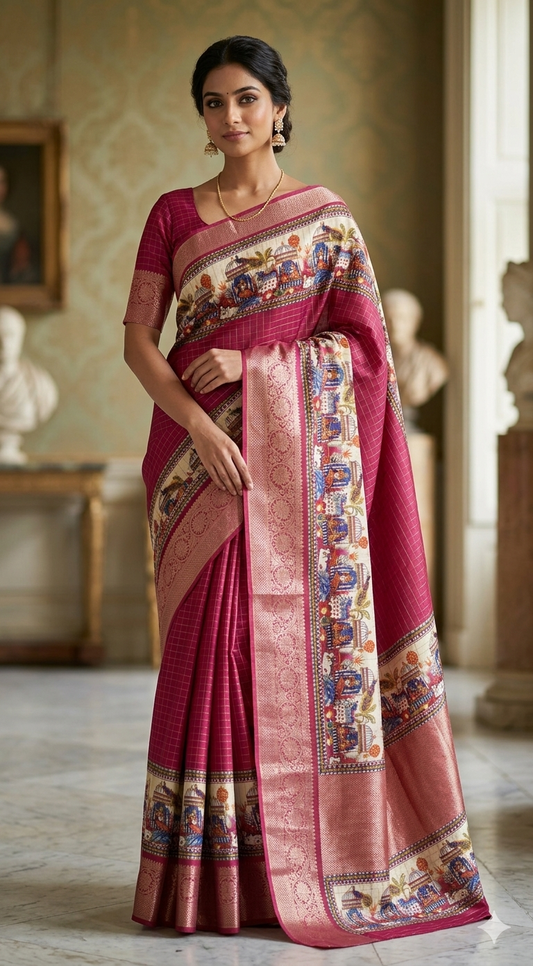 Assam silk(maroon) saree with kalamkari printed design- stitched blouse