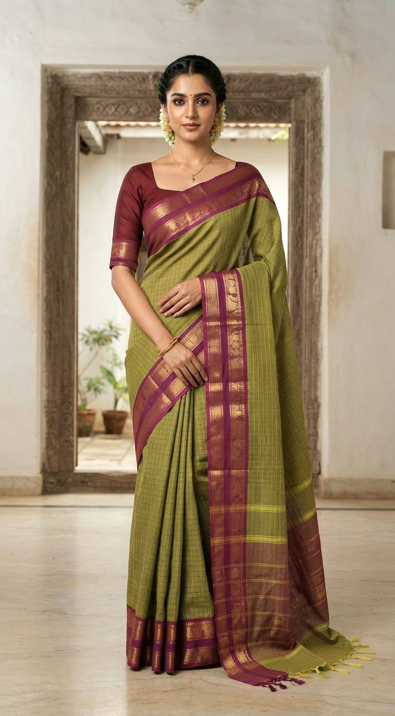 Chettinad cotton saree with stitched blouse
