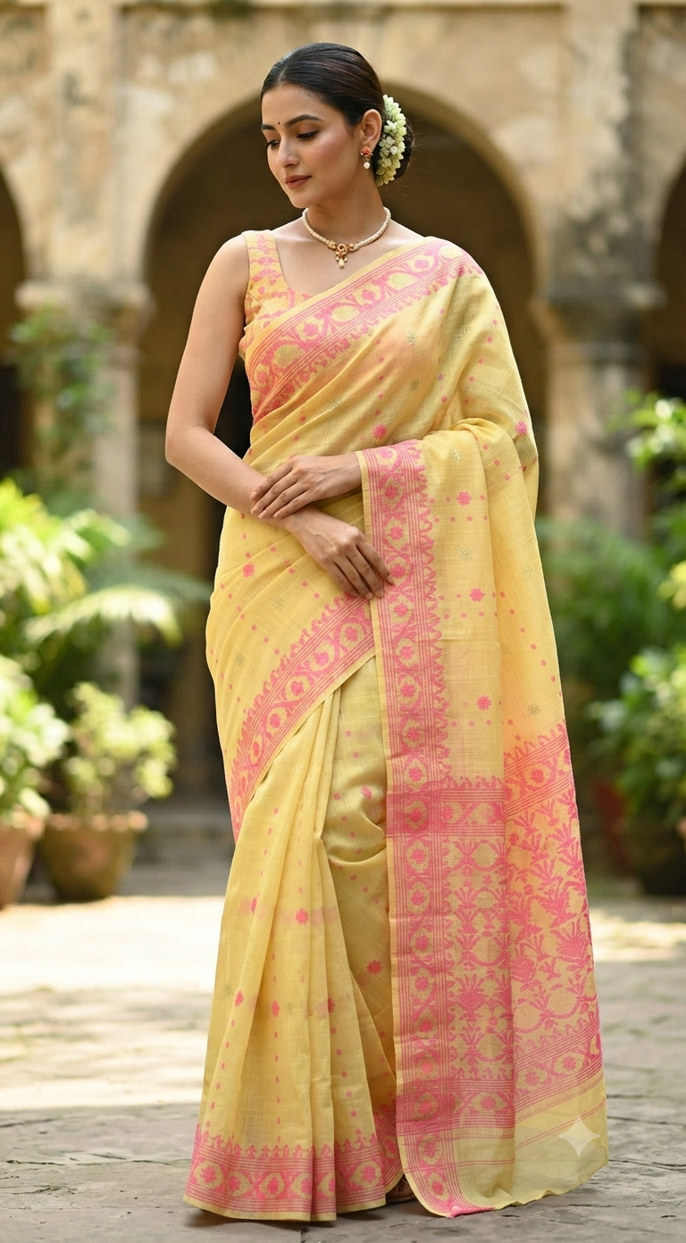 Soft cotton tussar saree with jamdani weaving ( Light yellow pink)- BP