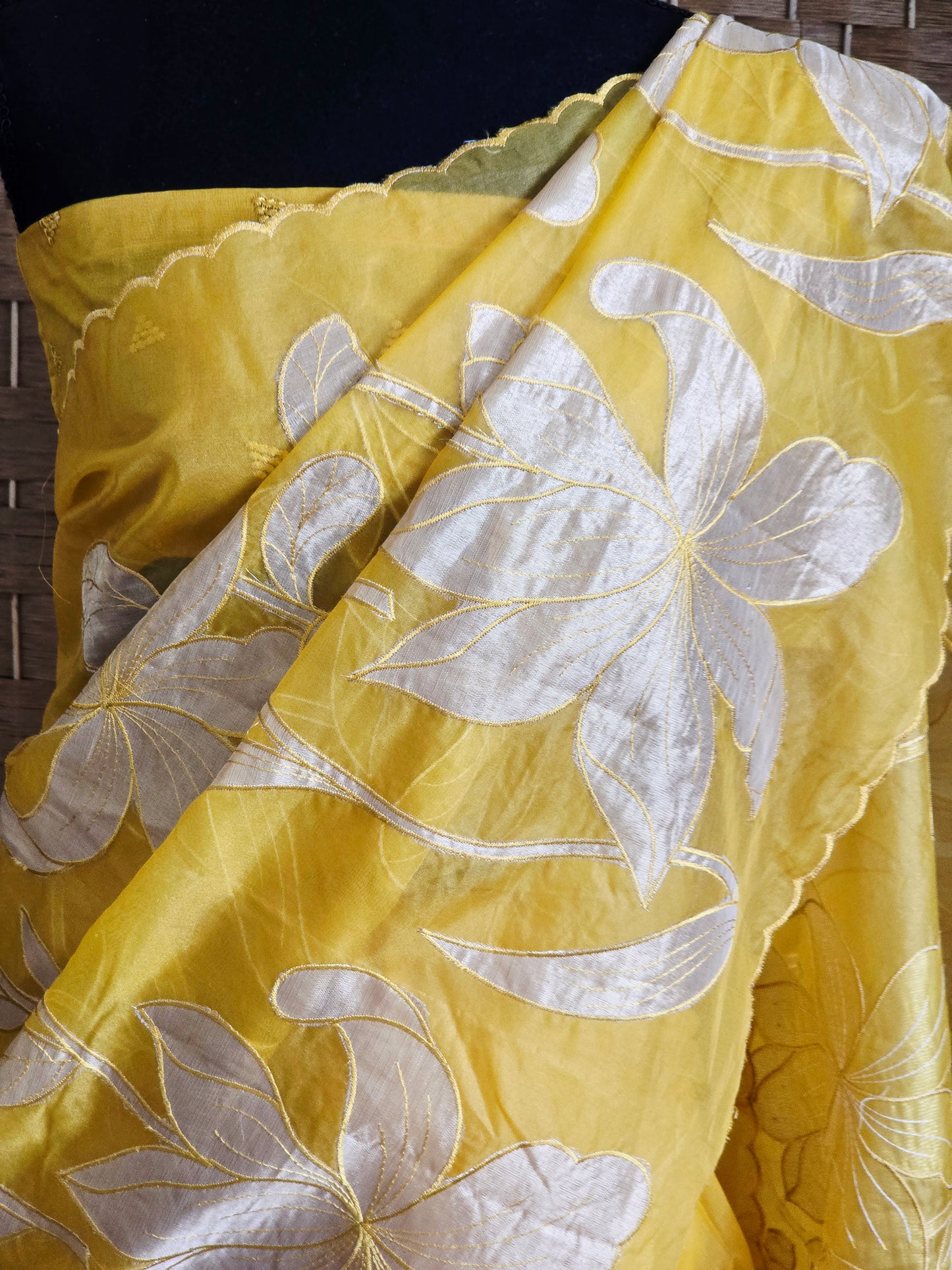 Turquish organza saree (Yellow) with applique work- stitched blouse