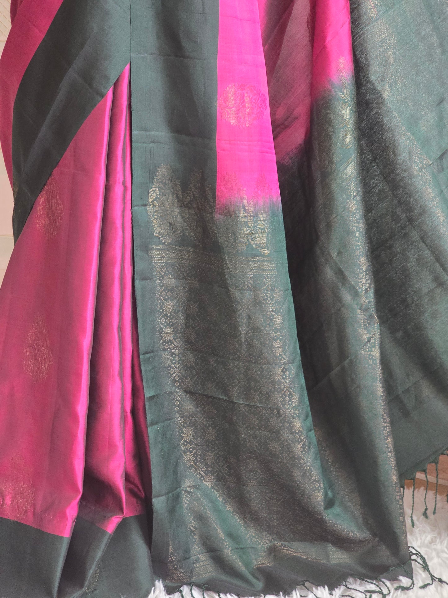 Kancheepuram soft silk with bluish grey and blue combo- Stitched blouse