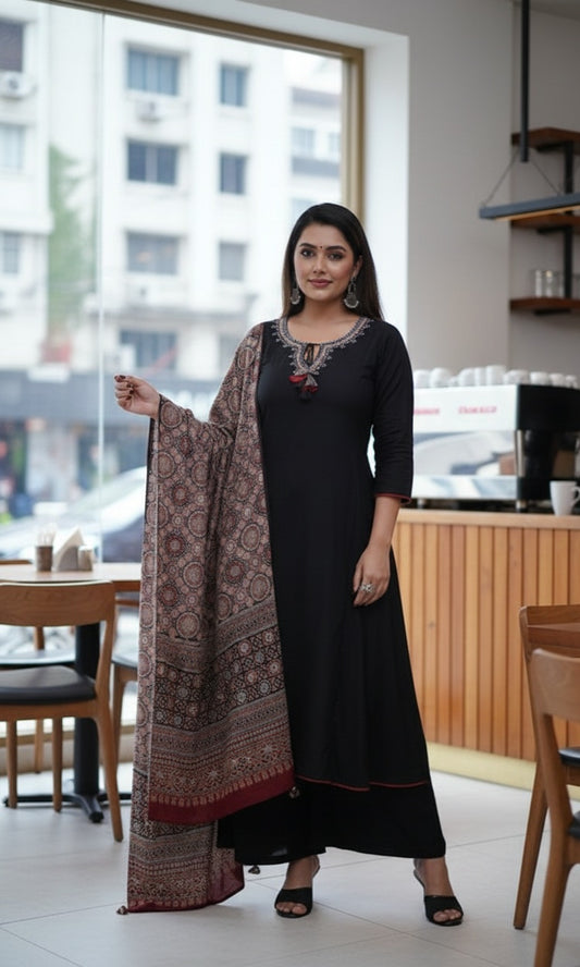 Rayon 3 pc salwar suit with ajrakh print dupatta