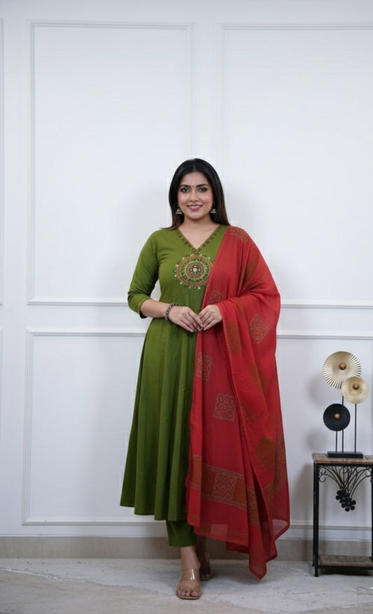 Cotton 3 pc salwar suit set with mirror work