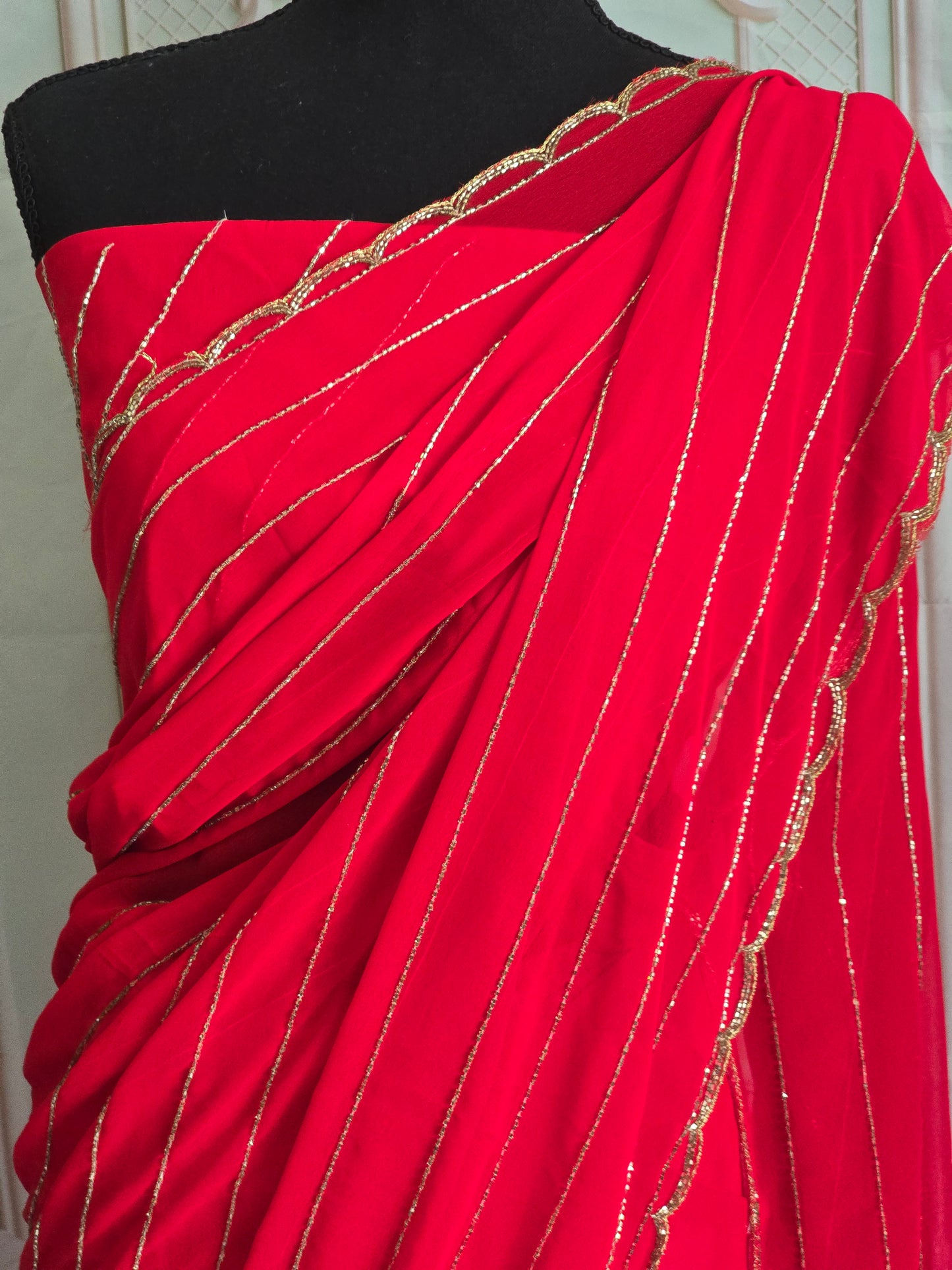 Georgette designer saree with cutdana work- sleevless blouse