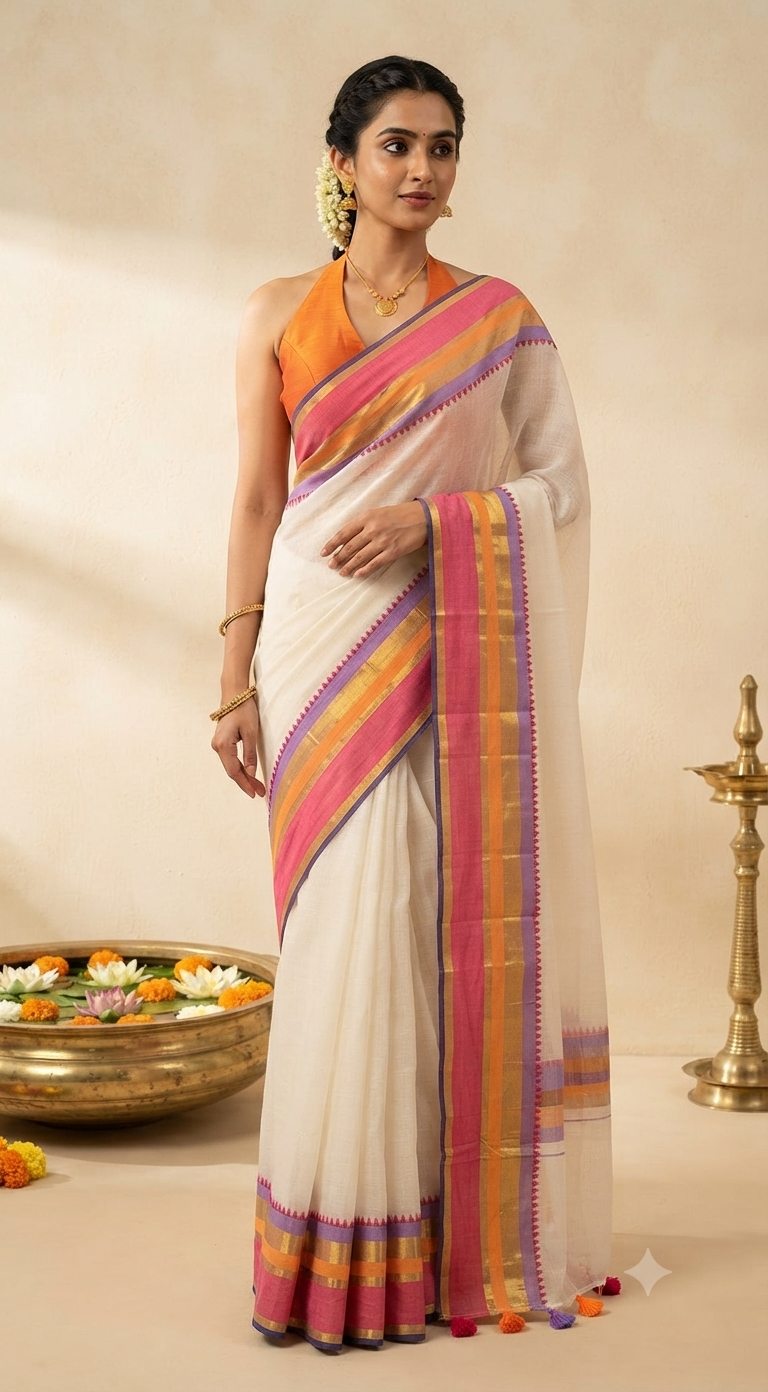 Mul cotton saree with orange/ purple borde - Blouse pc