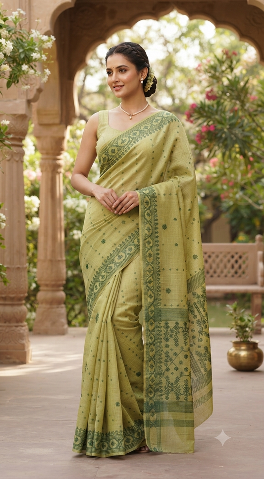 Soft cotton tussar saree with jamdani weaving ( leaf lean pink)- BP