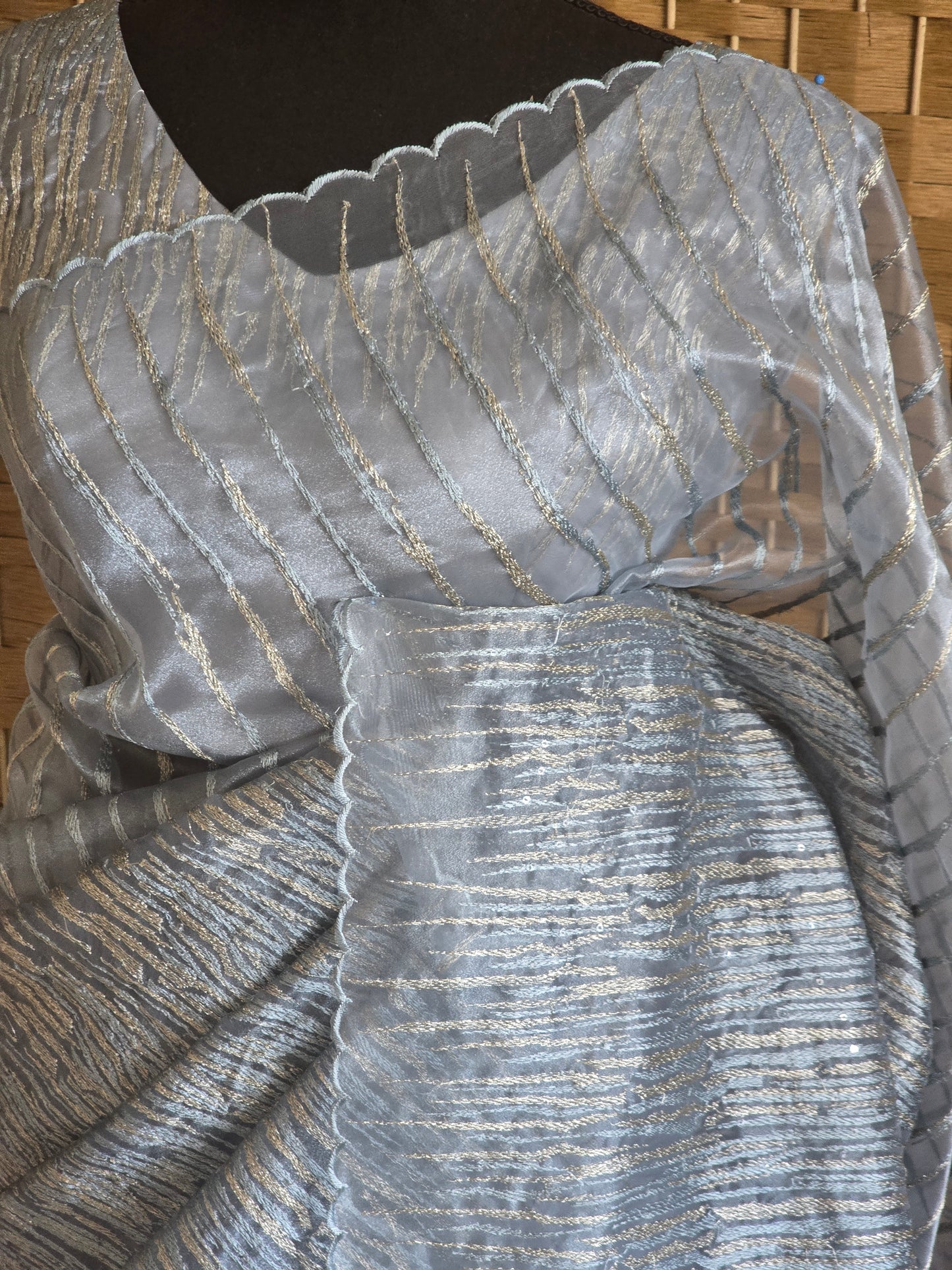 Pure organza designer saree with stitched blouse (Greyish blue  tone)