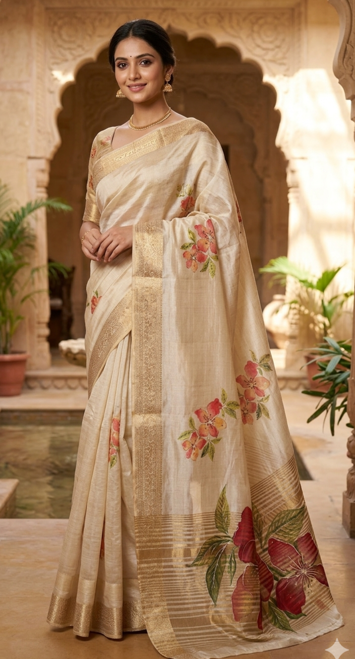 Semi tissue silk saree qith floral design- stitched blouse size 32-38